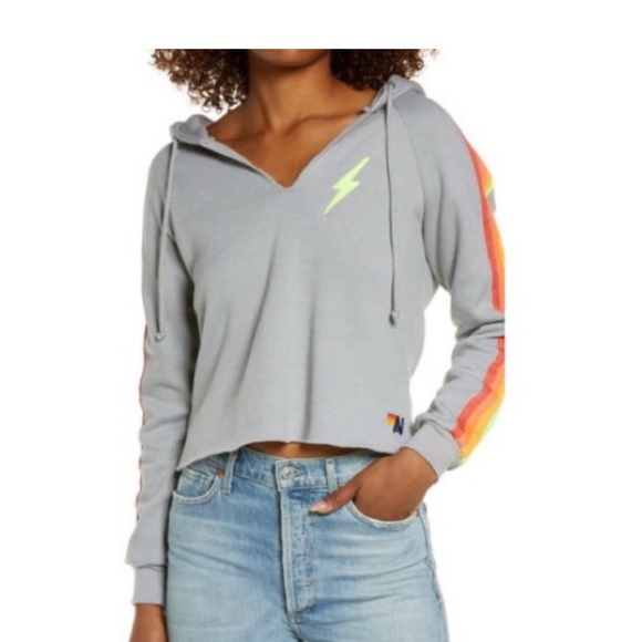 Aviator Nation Tops - Aviator Nation Gray Cropped Hoodie with Rainbow Stripes